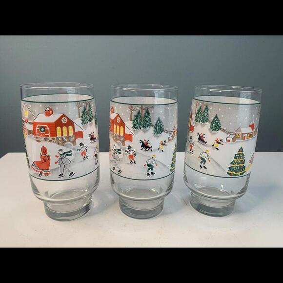 Sango Set of 3 Silent Night Christmas Glass Tumblers Joan Luntz 6” 16 oz Vintage - Picture 2 of 6